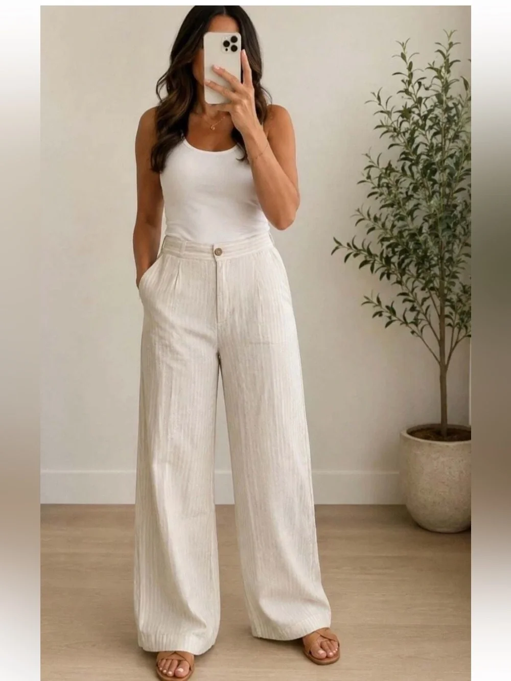 Michael Kors High Rise Wide Leg Linen Blend Pants Size 8 Striped Neutral NWT